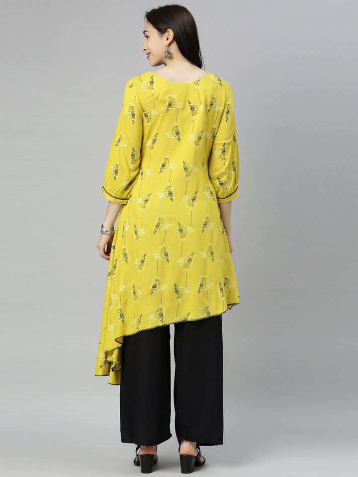 Neerus Green Printed High Low Kurta