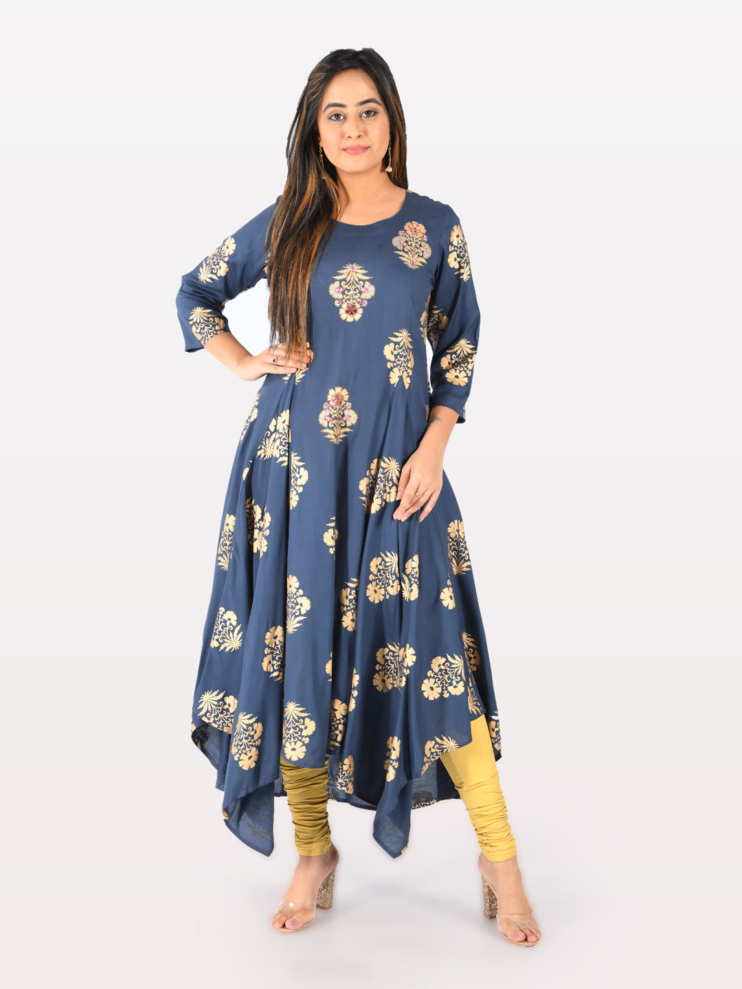 Neerus Blue Printed High Low Kurta