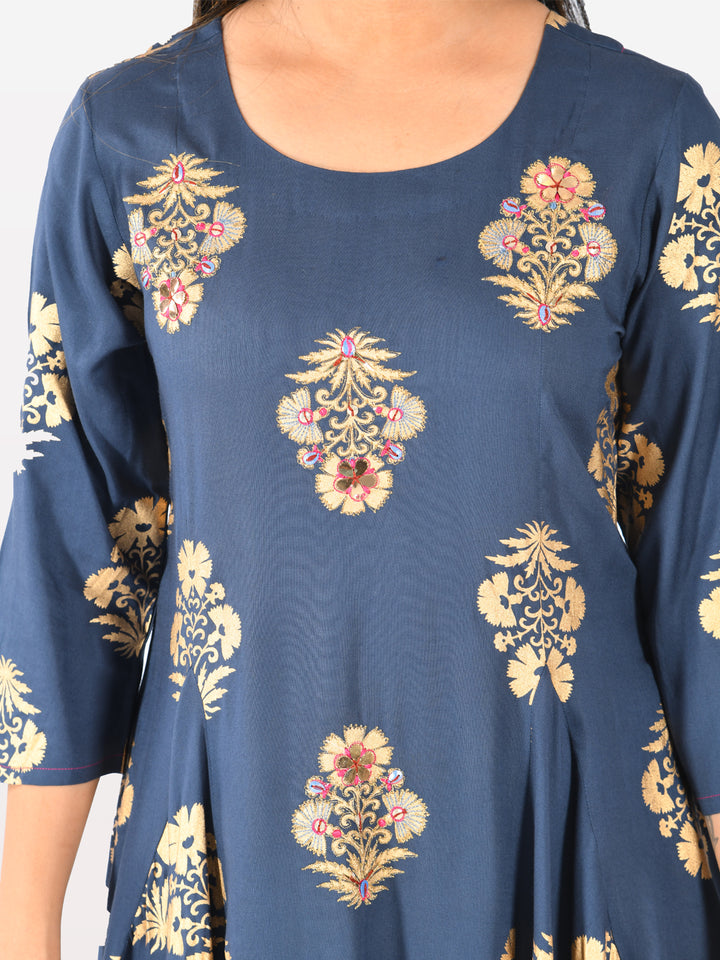 Neerus Blue Printed High Low Kurta