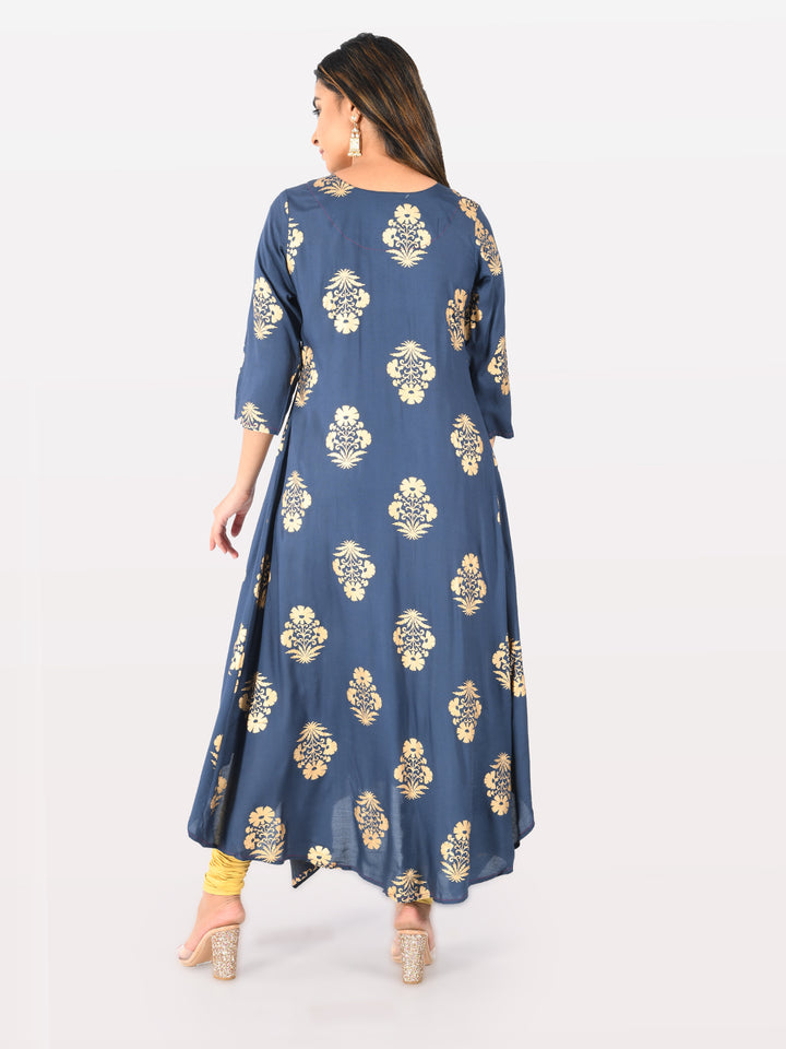 Neerus Blue Printed High Low Kurta
