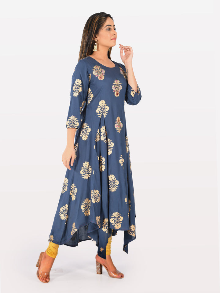 Neerus Blue Printed High Low Kurta