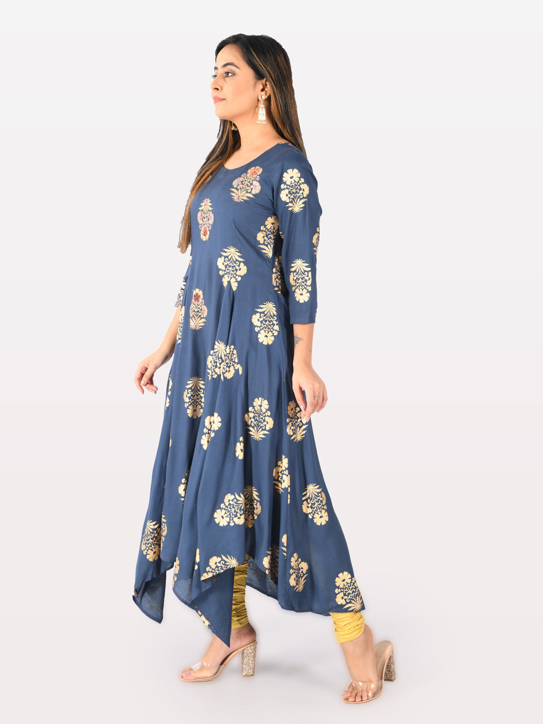 Neerus Blue Printed High Low Kurta