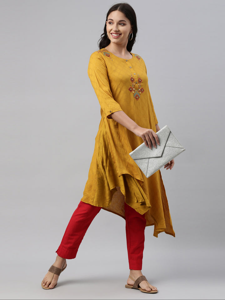 Neerus Yellow rayon solid kurti tunic - detail view 2