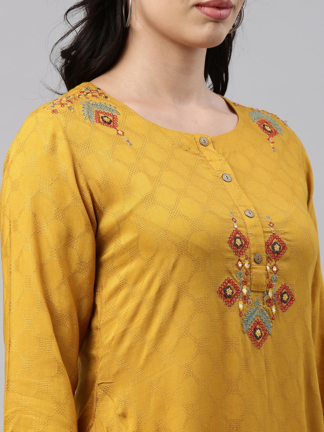 Neerus Yellow rayon solid kurti tunic - detail view 3
