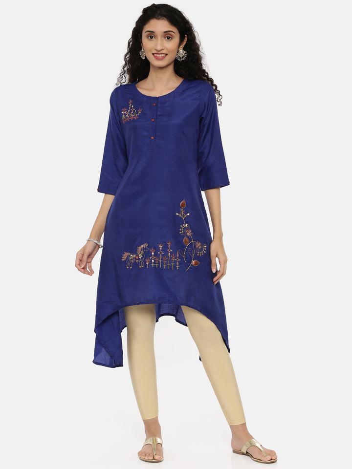 Neerus Blue Embellished High Low Kurta