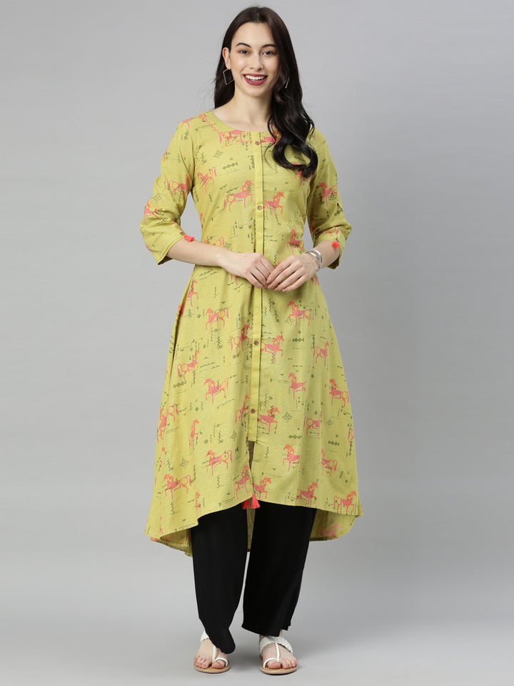 Neerus Green printed high-low kurta - front view