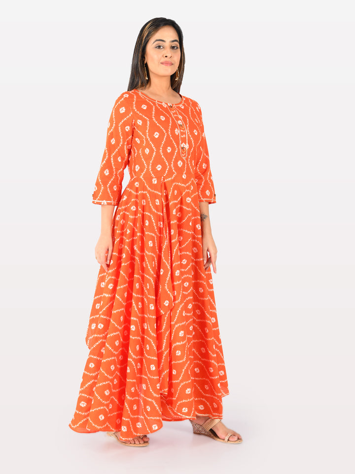 Neerus Orange Printed High Low Kurta