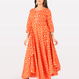 Neerus Orange Printed High Low Kurta