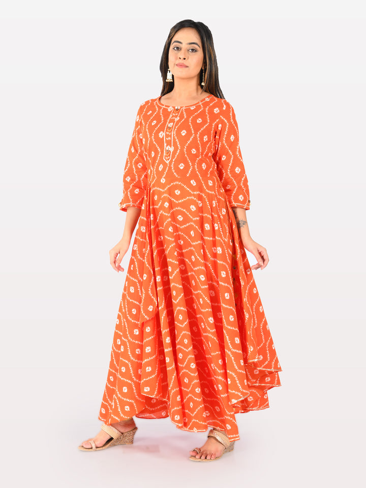 Neerus Orange Printed High Low Kurta