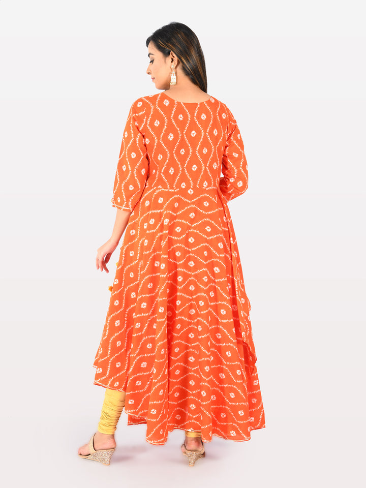 Neerus Orange Printed High Low Kurta