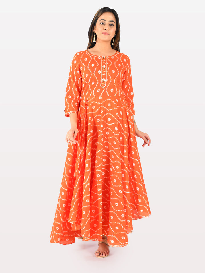 Neerus Orange Printed High Low Kurta