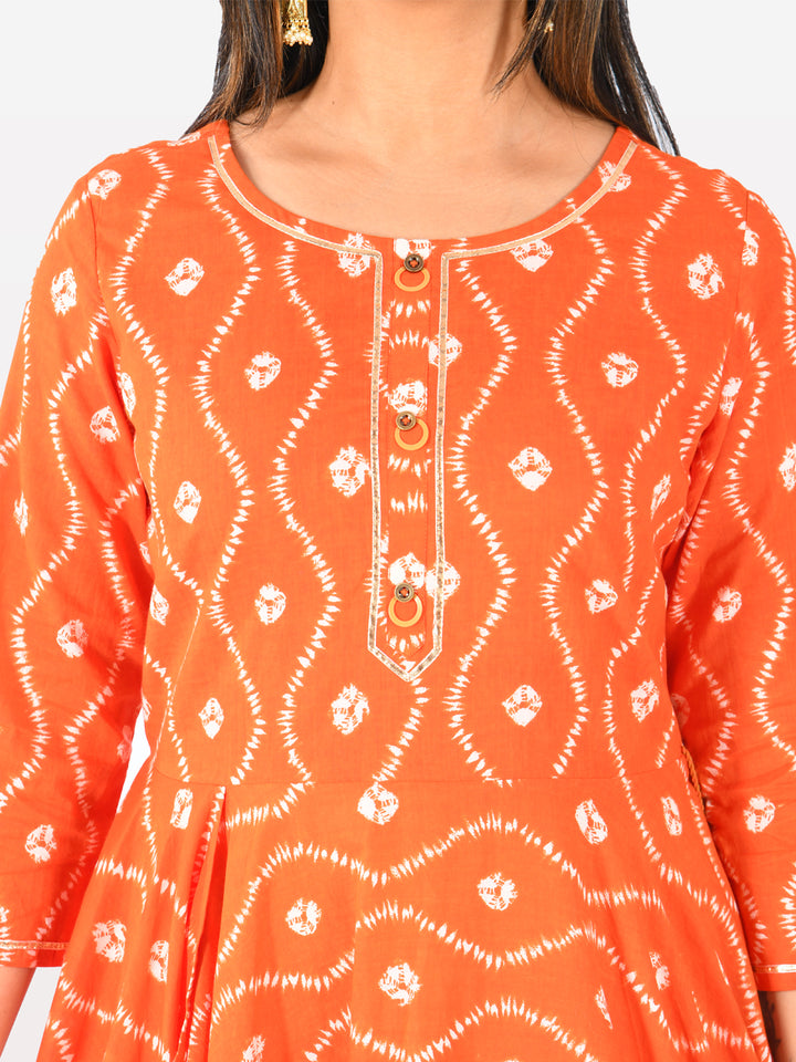 Neerus Orange Printed High Low Kurta