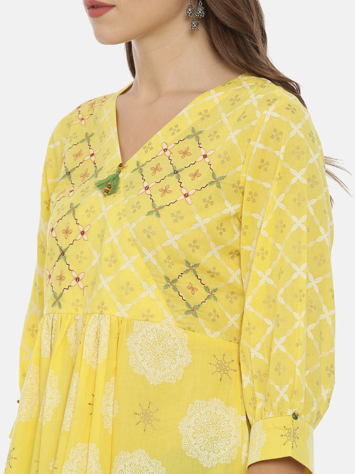 Neerus Yellow Printed Flared Kurta