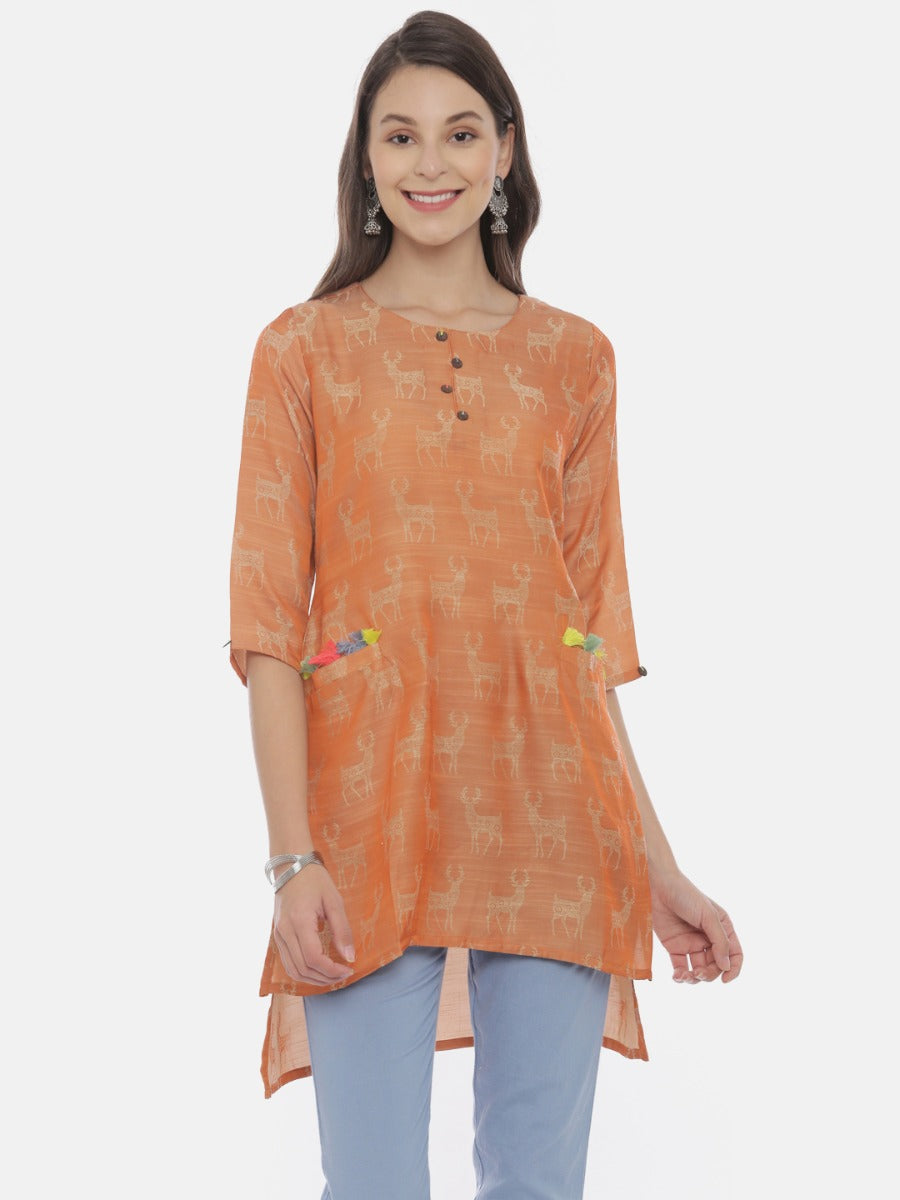 Neerus Rust Printed High Low Kurta