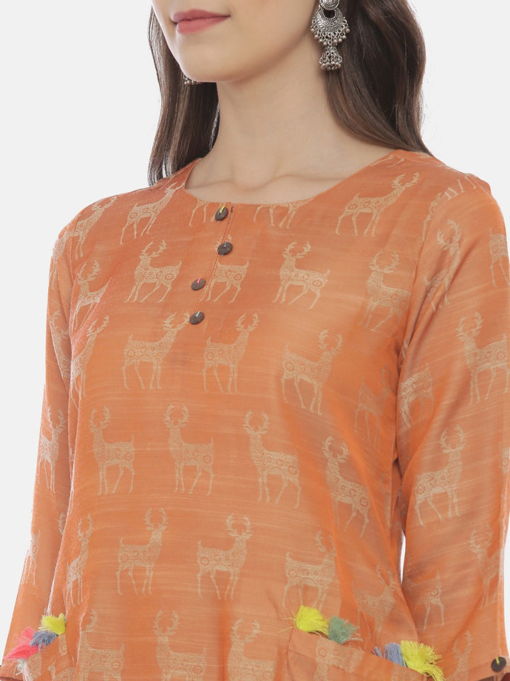 Neerus Rust Printed High Low Kurta