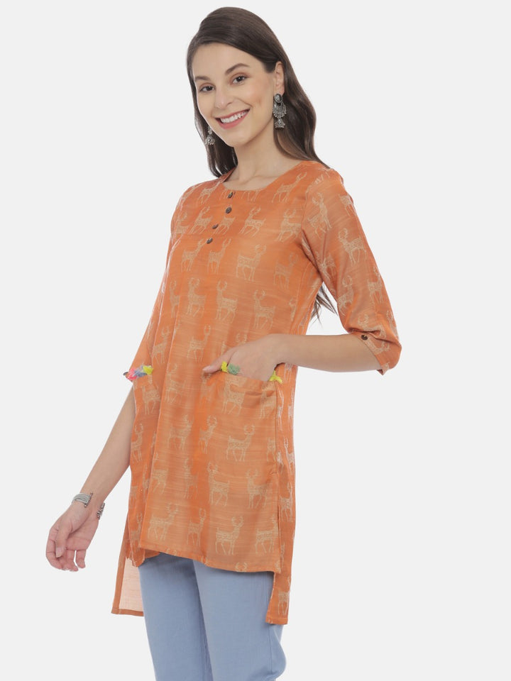 Neerus Rust Printed High Low Kurta
