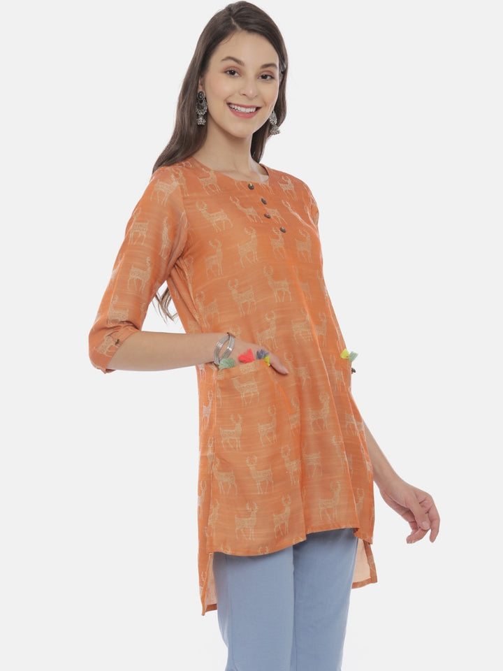 Neerus Rust Printed High Low Kurta