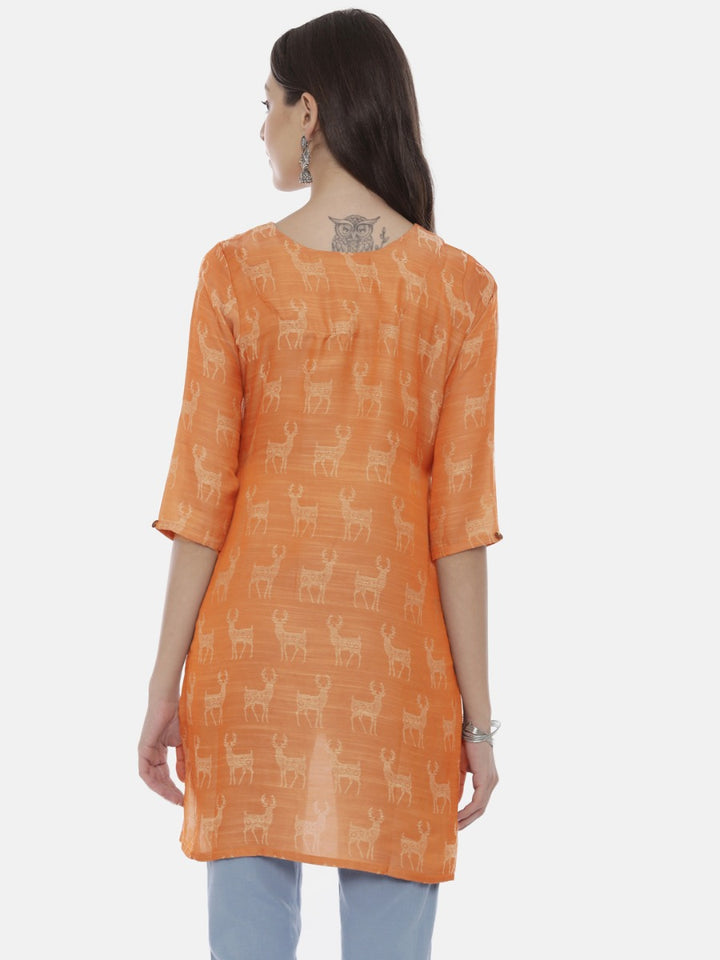 Neerus Rust Printed High Low Kurta