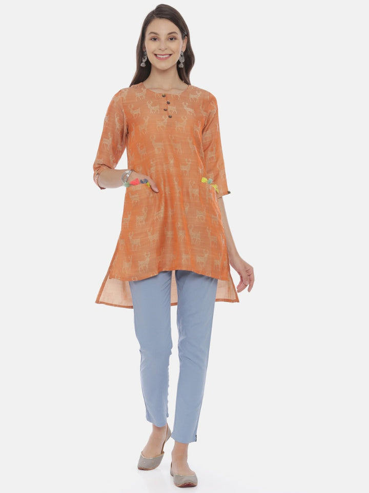 Neerus Rust Printed High Low Kurta