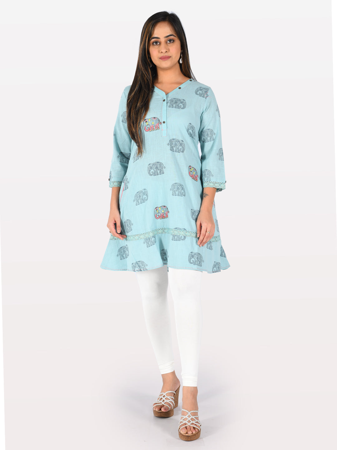 Neeru's Blue Printed A Line Kurta