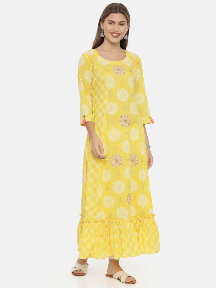 Neerus Yellow Printed Anarkali Kurta