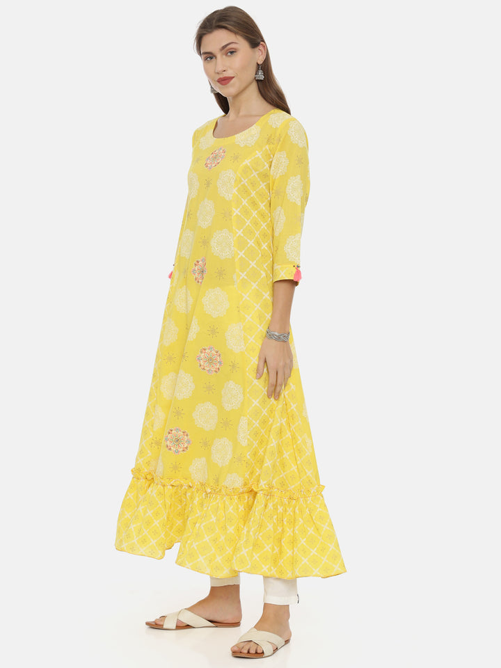 Neerus Yellow Printed Anarkali Kurta
