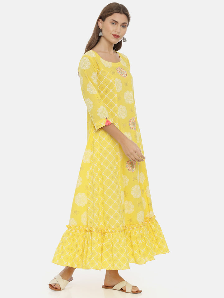 Neerus Yellow Printed Anarkali Kurta