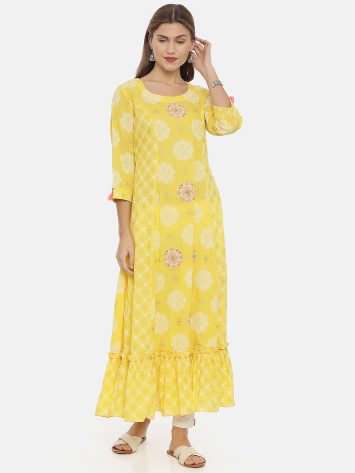 Neerus Yellow Printed Anarkali Kurta