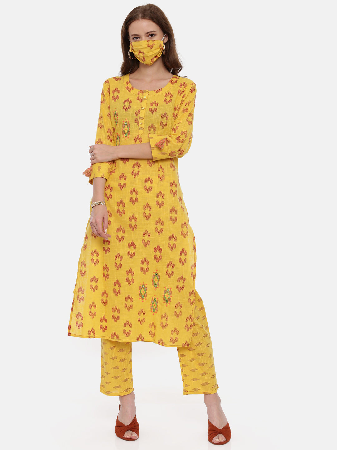Neeru's Yellow Printed Kurta Pant Set With Mask