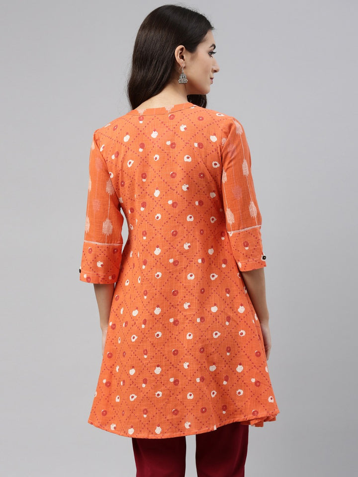 Neerus Orange cotton straight kurti tunic - detail view 1