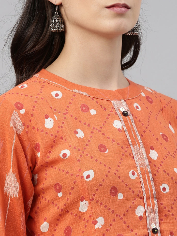 Neerus Orange cotton straight kurti tunic - detail view 2