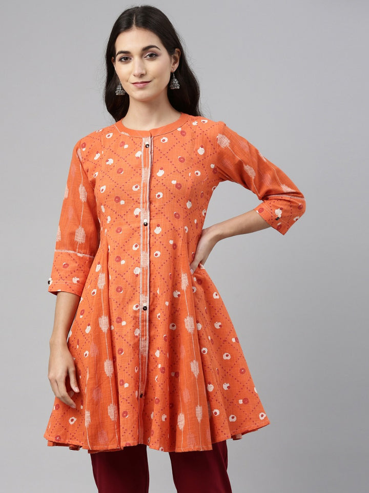 Neerus Orange cotton straight kurti tunic - detail view 3