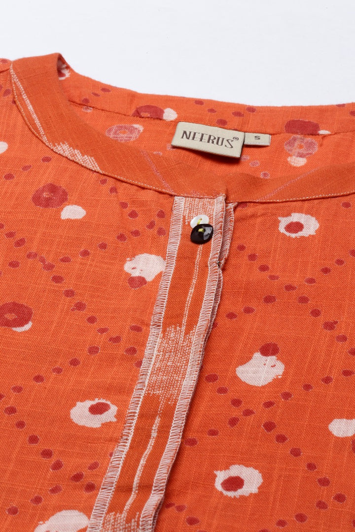 Neerus Orange cotton straight kurti tunic - detail view 4