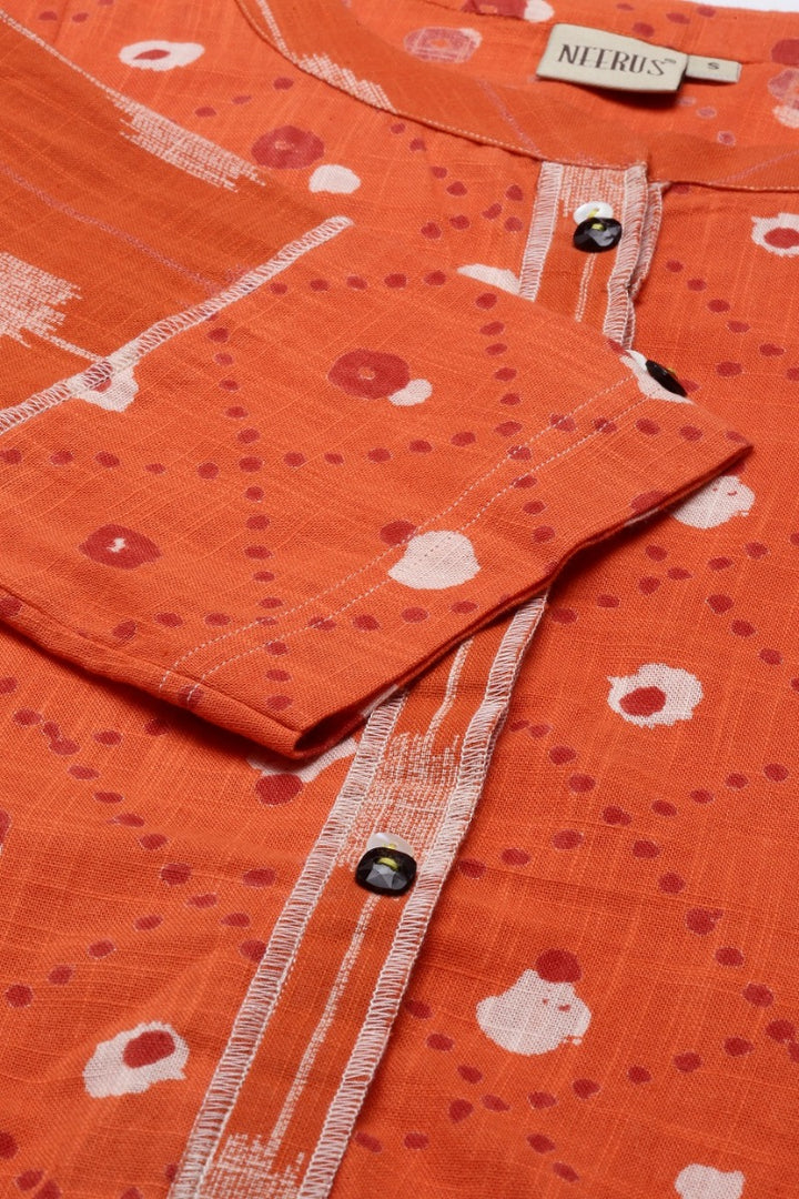 Neerus Orange cotton straight kurti tunic - detail view 5