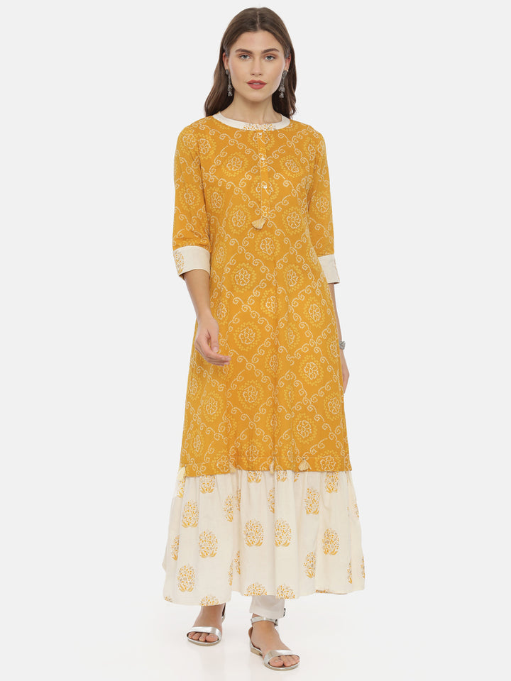 Neerus Yellow Bandhani Anarkali Kurta