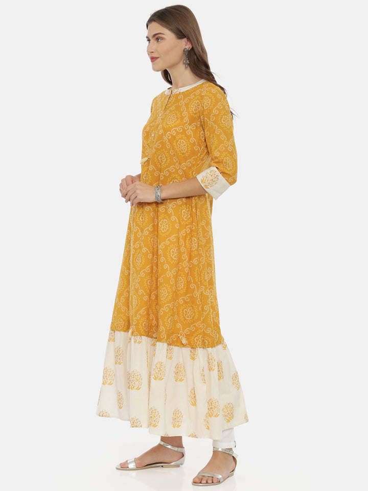 Neerus Yellow Bandhani Anarkali Kurta