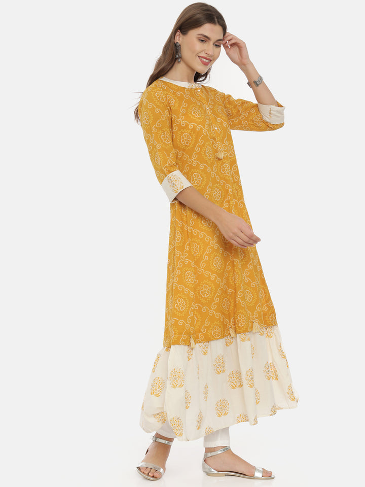 Neerus Yellow Bandhani Anarkali Kurta