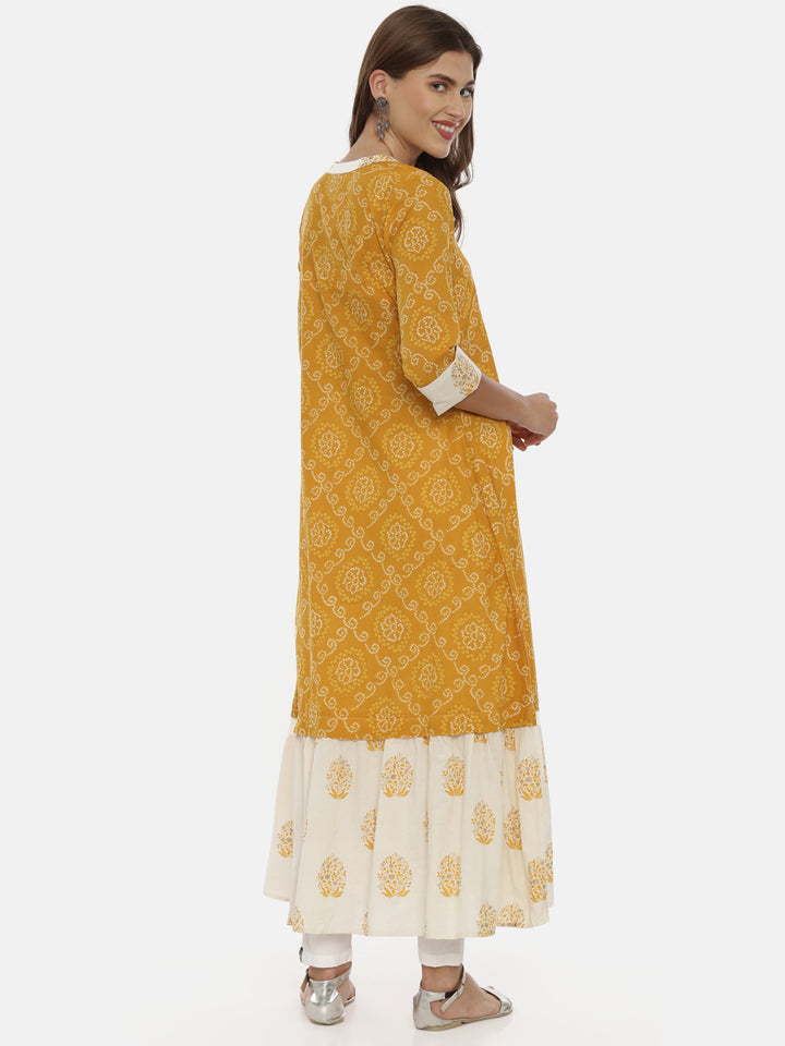 Neerus Yellow Bandhani Anarkali Kurta