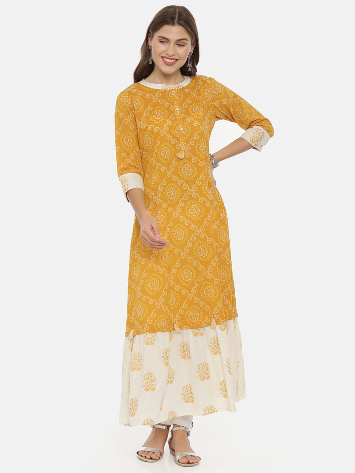 Neerus Yellow Bandhani Anarkali Kurta