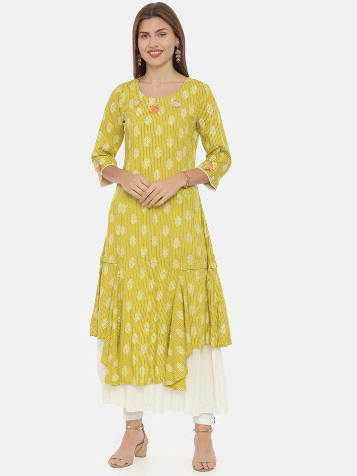 Neerus Yellow Printed High Low Kurta