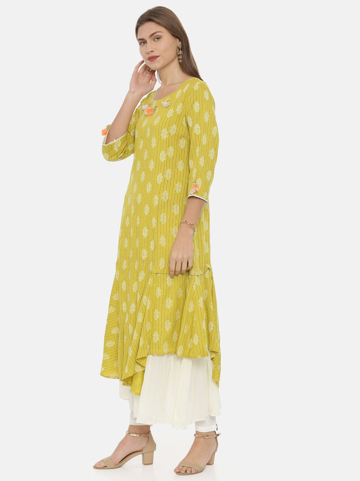 Neerus Yellow Printed High Low Kurta