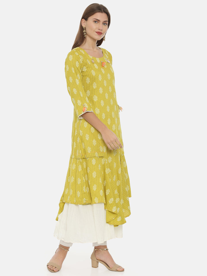 Neerus Yellow Printed High Low Kurta