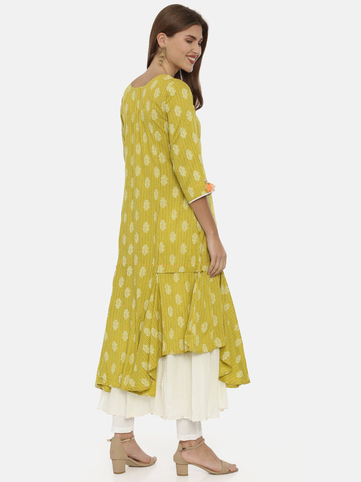 Neerus Yellow Printed High Low Kurta