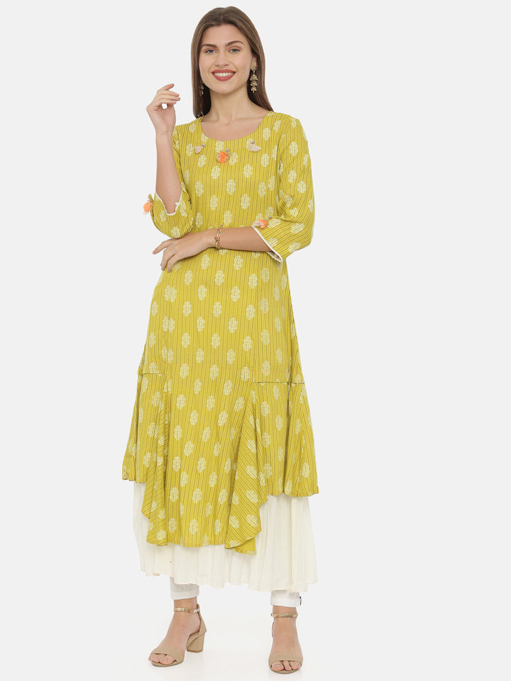 Neerus Yellow Printed High Low Kurta