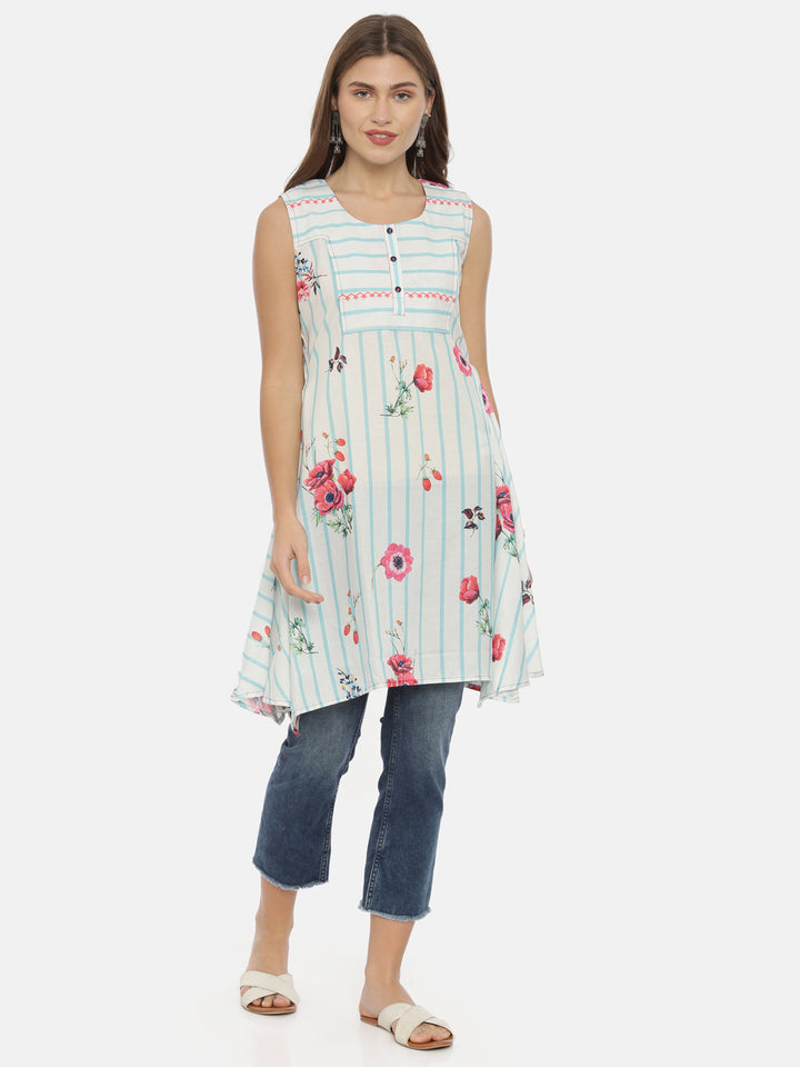 Neerus White cotton printed high-low kurti - front view