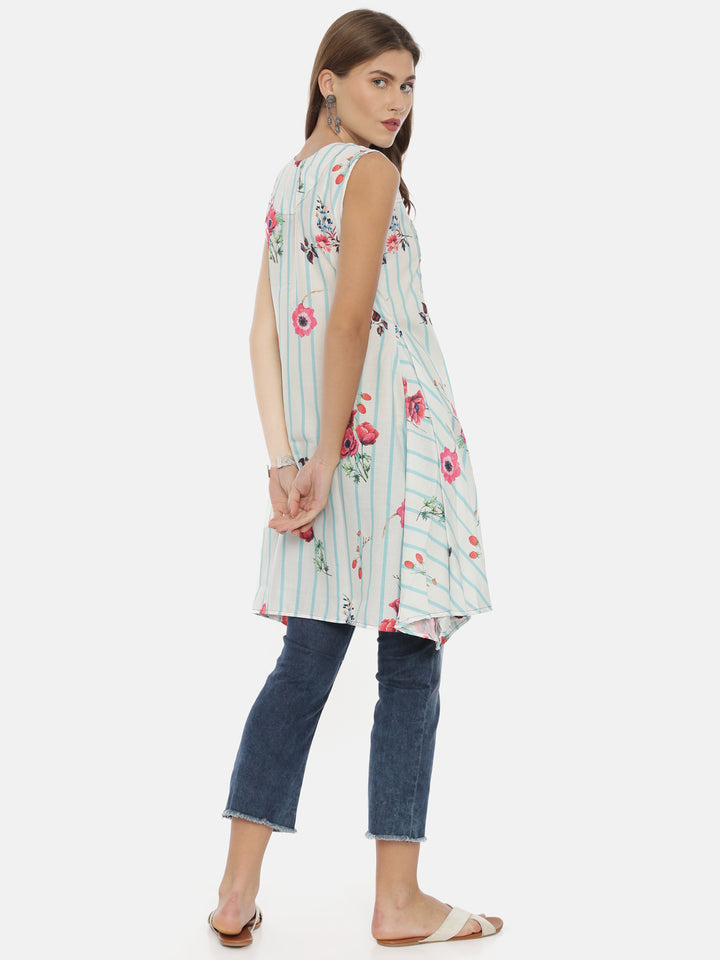 Neerus White cotton printed high-low kurti - detail view 2