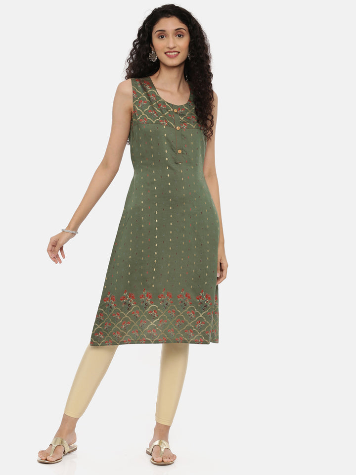 Neerus Green Printed A Line Kurta