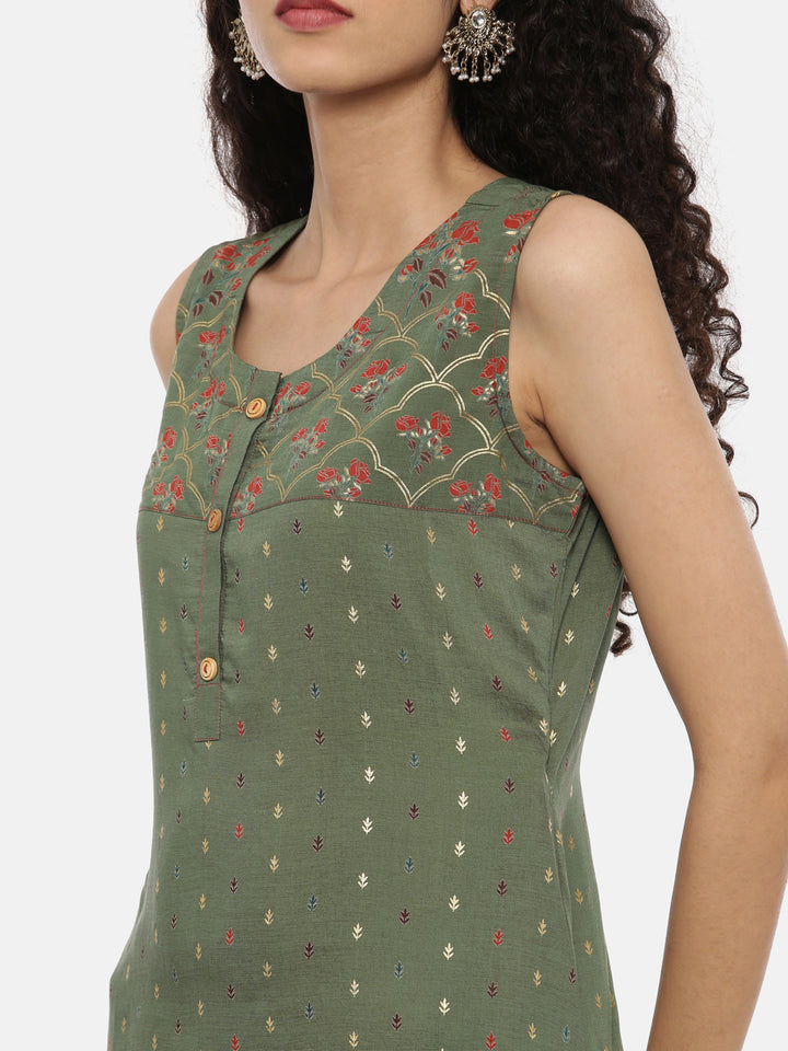 Neerus Green Printed A Line Kurta