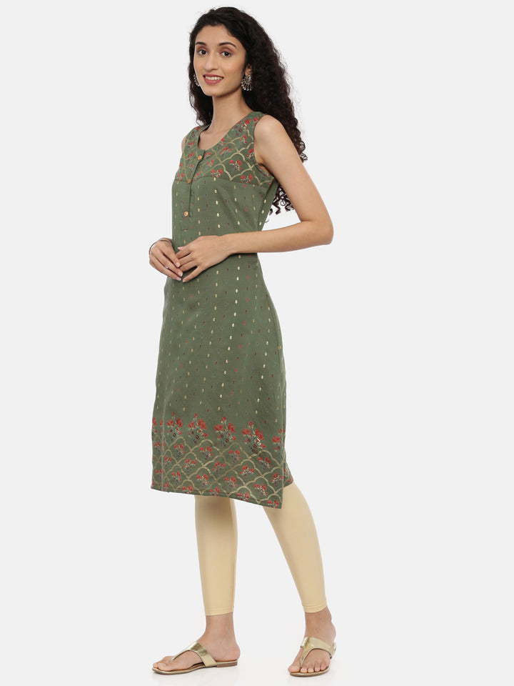 Neerus Green Printed A Line Kurta