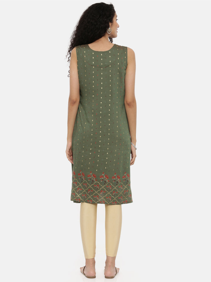 Neerus Green Printed A Line Kurta